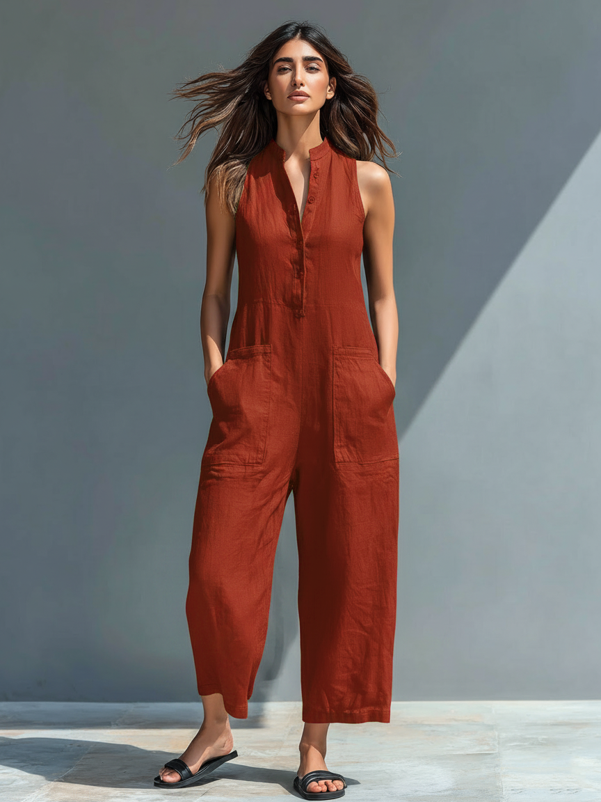 Mina | Dames Jumpsuit - Ademend Linnenmix, Mouwloos Design Roestbruin