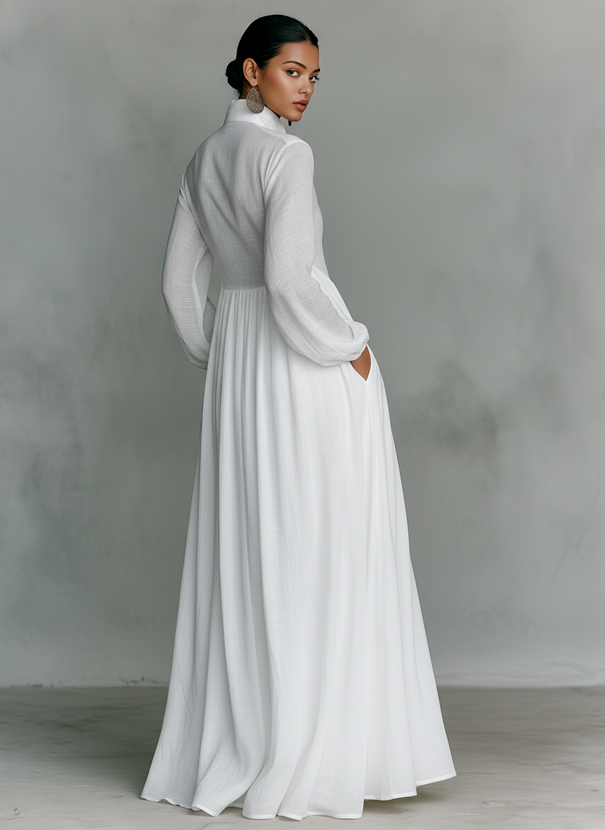 Mina | Dames Maxi Jurk - Katoen en Linnen, Minimalistisch Lange Mouwen