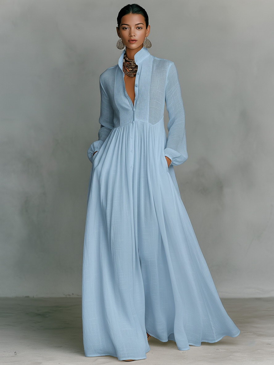 Mina | Dames Maxi Jurk - Katoen en Linnen, Minimalistisch Lange Mouwen Blauw