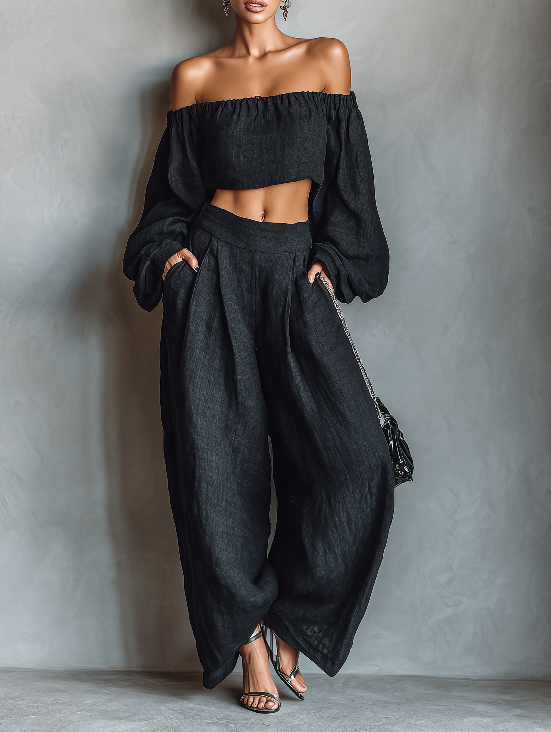 Mina | Dames Set - Linnenmix, Strapless Blouse en Wijde Broek Zwart