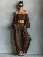 Mina | Dames Set - Linnenmix, Strapless Blouse en Wijde Broek Bruin