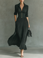Mira | Dames Lange Jurk - Geplooide Maxi met Revers en Lange Mouwen