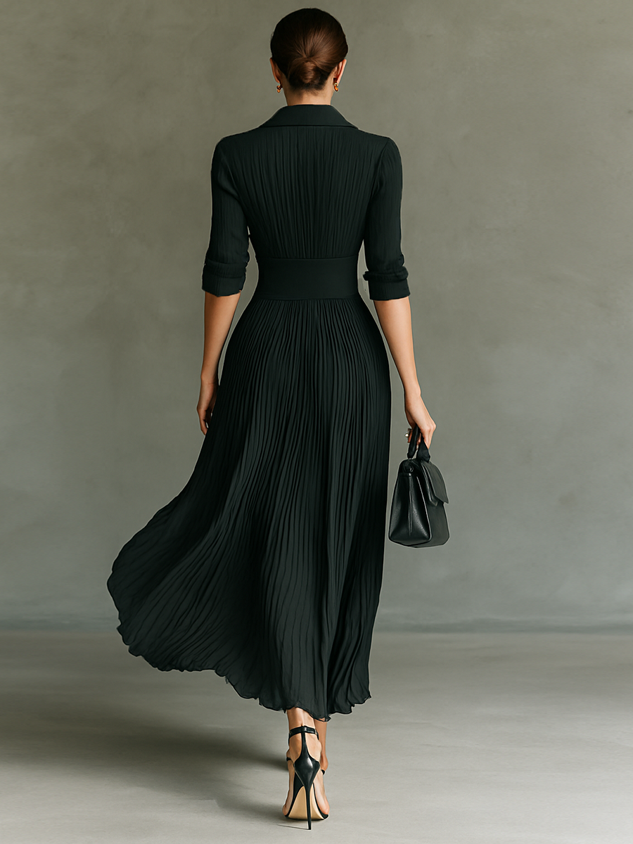 Mira | Dames Lange Jurk - Geplooide Maxi met Revers en Lange Mouwen
