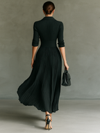 Mira | Dames Lange Jurk - Geplooide Maxi met Revers en Lange Mouwen