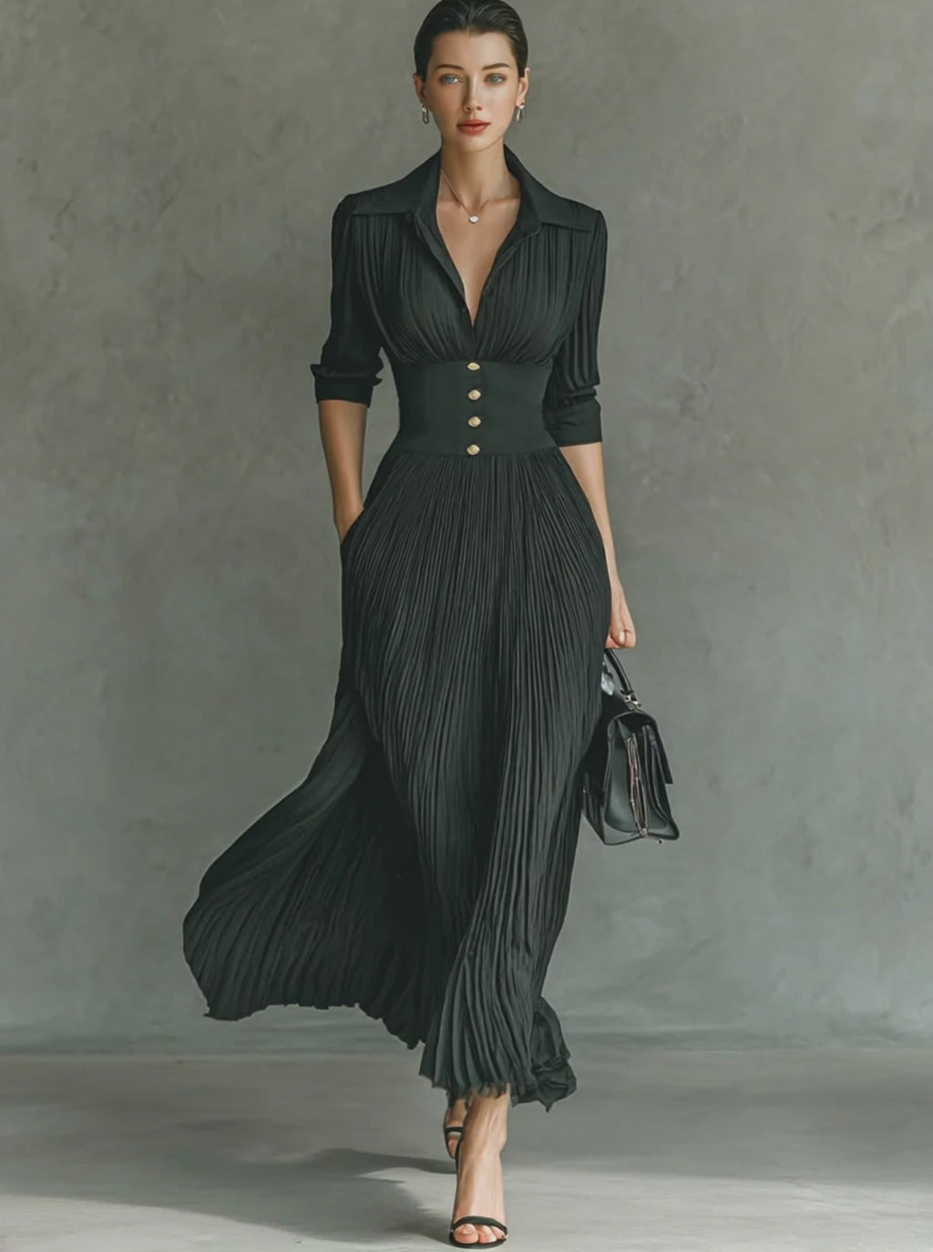 Mira | Dames Lange Jurk - Geplooide Maxi met Revers en Lange Mouwen