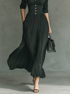 Mira | Dames Lange Jurk - Geplooide Maxi met Revers en Lange Mouwen