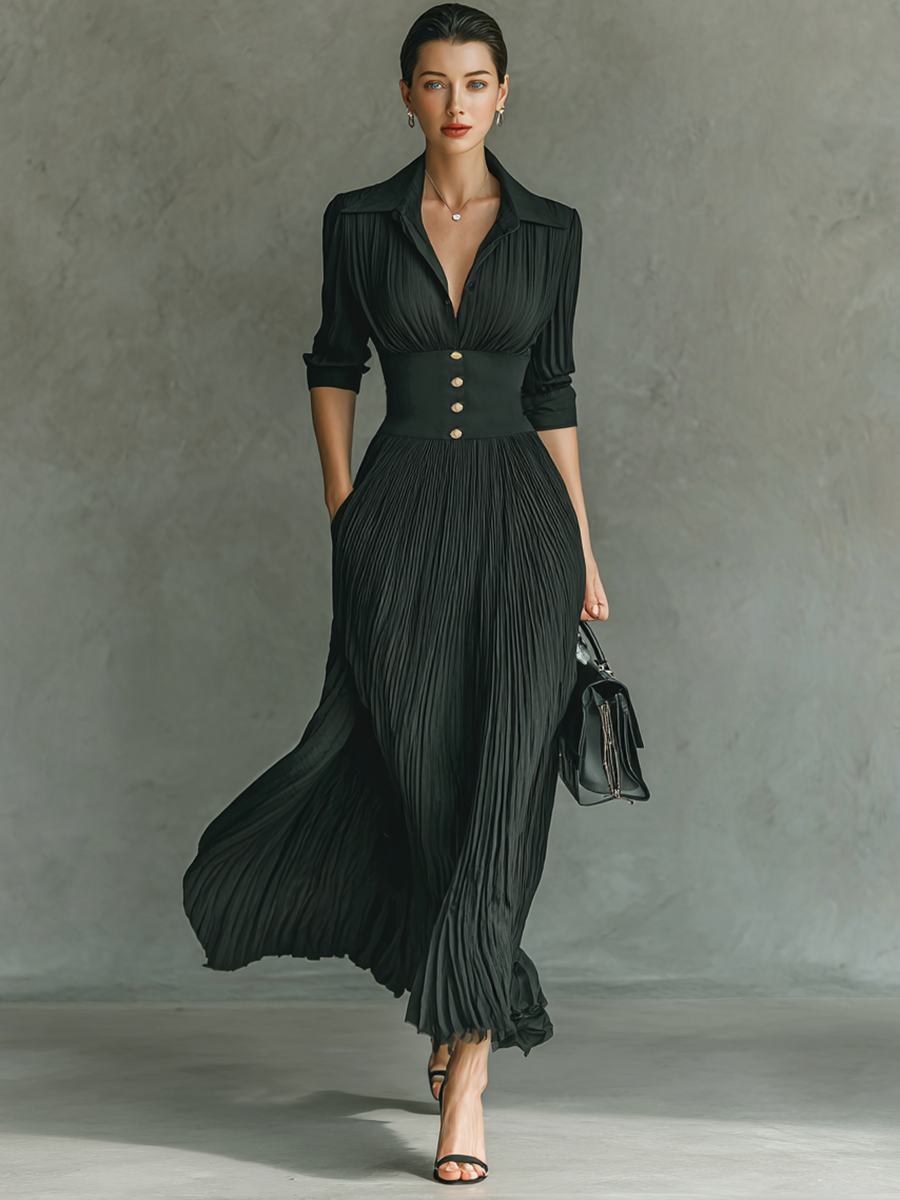 Mira | Dames Lange Jurk - Geplooide Maxi met Revers en Lange Mouwen