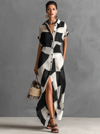 Mira | Dames Lange Jurk - Katoen-Linnen Mix, Geometrische Print