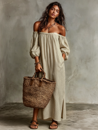 Mira | Dames Lange Jurk - Katoen-Linnenmix, Off-Shoulder Maxi Jurk