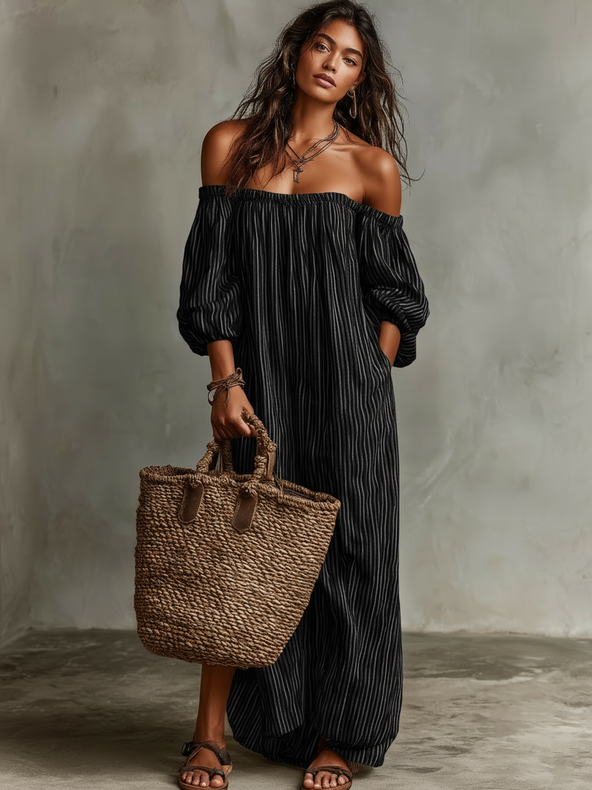 Mira | Dames Lange Jurk - Katoen-Linnenmix, Off-Shoulder Maxi Jurk Zwart