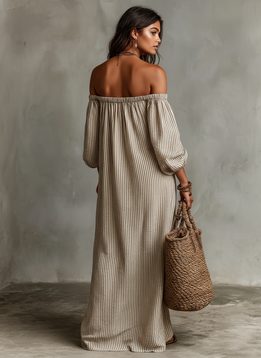 Mira | Dames Lange Jurk - Katoen-Linnenmix, Off-Shoulder Maxi Jurk