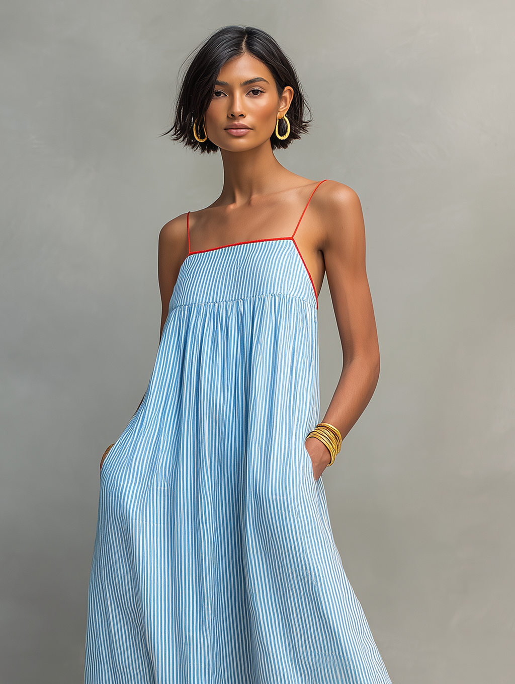 Mira | Dames Lange Maxi Jurk - Gestreept met Rode Bies, Spaghettibandjes