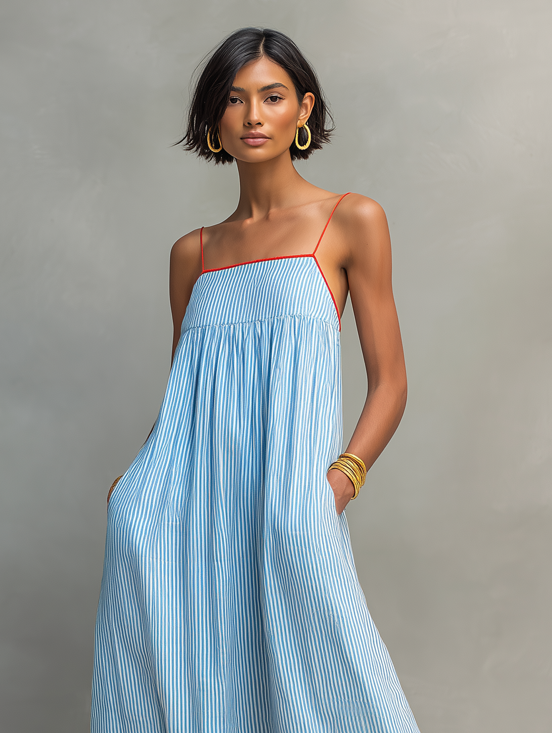 Mira | Dames Lange Maxi Jurk - Gestreept met Rode Bies, Spaghettibandjes