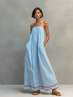 Mira | Dames Lange Maxi Jurk - Gestreept met Rode Bies, Spaghettibandjes