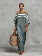 Mira | Dames Lange Maxi Jurk - Linnenmix, Off-the-Shoulder Lichtblauw