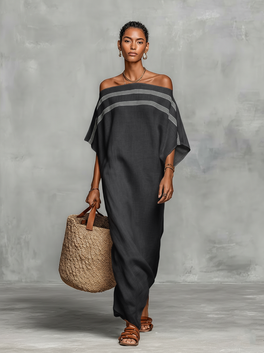 Mira | Dames Lange Maxi Jurk - Linnenmix, Off-the-Shoulder Donkergrijs