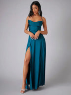 Mira | Dames Lange Maxi Jurk - Spaghettibandjes, Hoge Split Blauw
