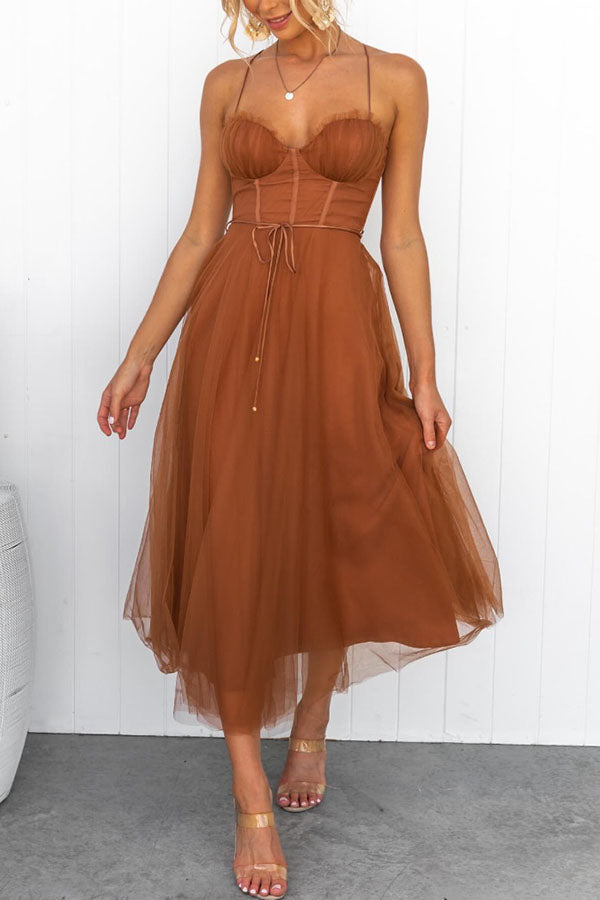 Mira | Dames Lange Zomerjurk - Chiffon, Mouwloos, Enkellengte Roestbruin