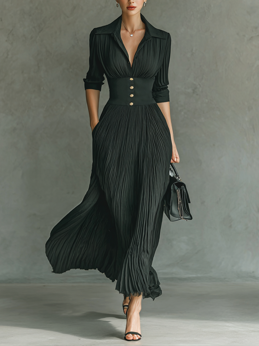 Mira | Dames Maxi-jurk - Geplooide Revers, Lange Mouwen