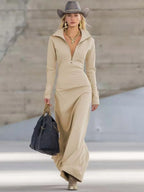 Mira | Dames Maxi Jurk - Ademend Katoenmix, Sportief Lange Mouwen Beige
