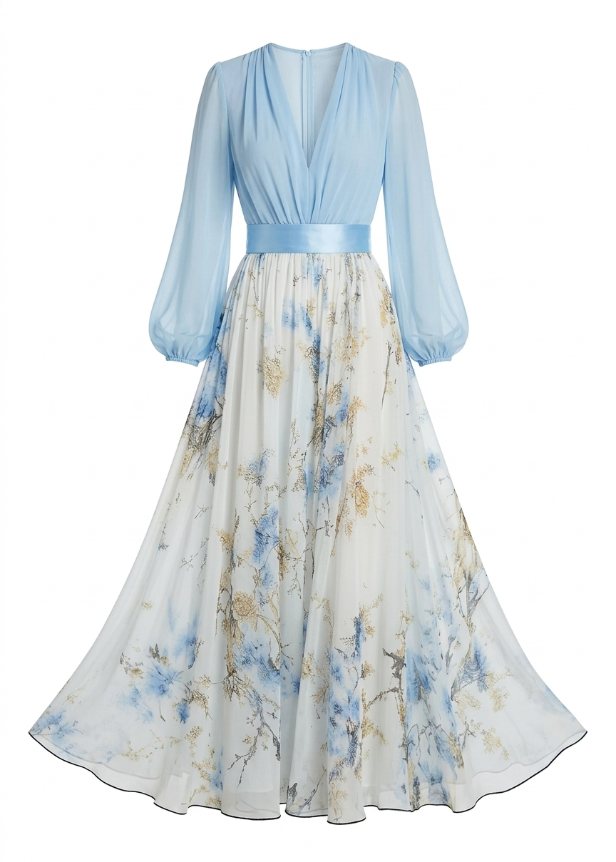 Mira | Dames Maxi Jurk - Lange Mouwen, Diepe V-hals, Bloemenprint