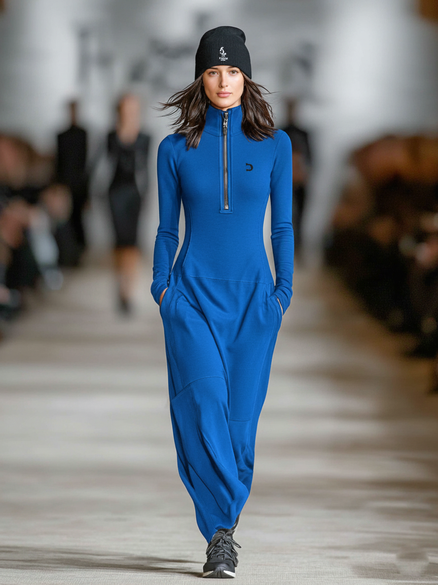 Mira | Dames Maxi Jurk - Ademend Katoenmix, Sportief Lange Mouwen Blauw