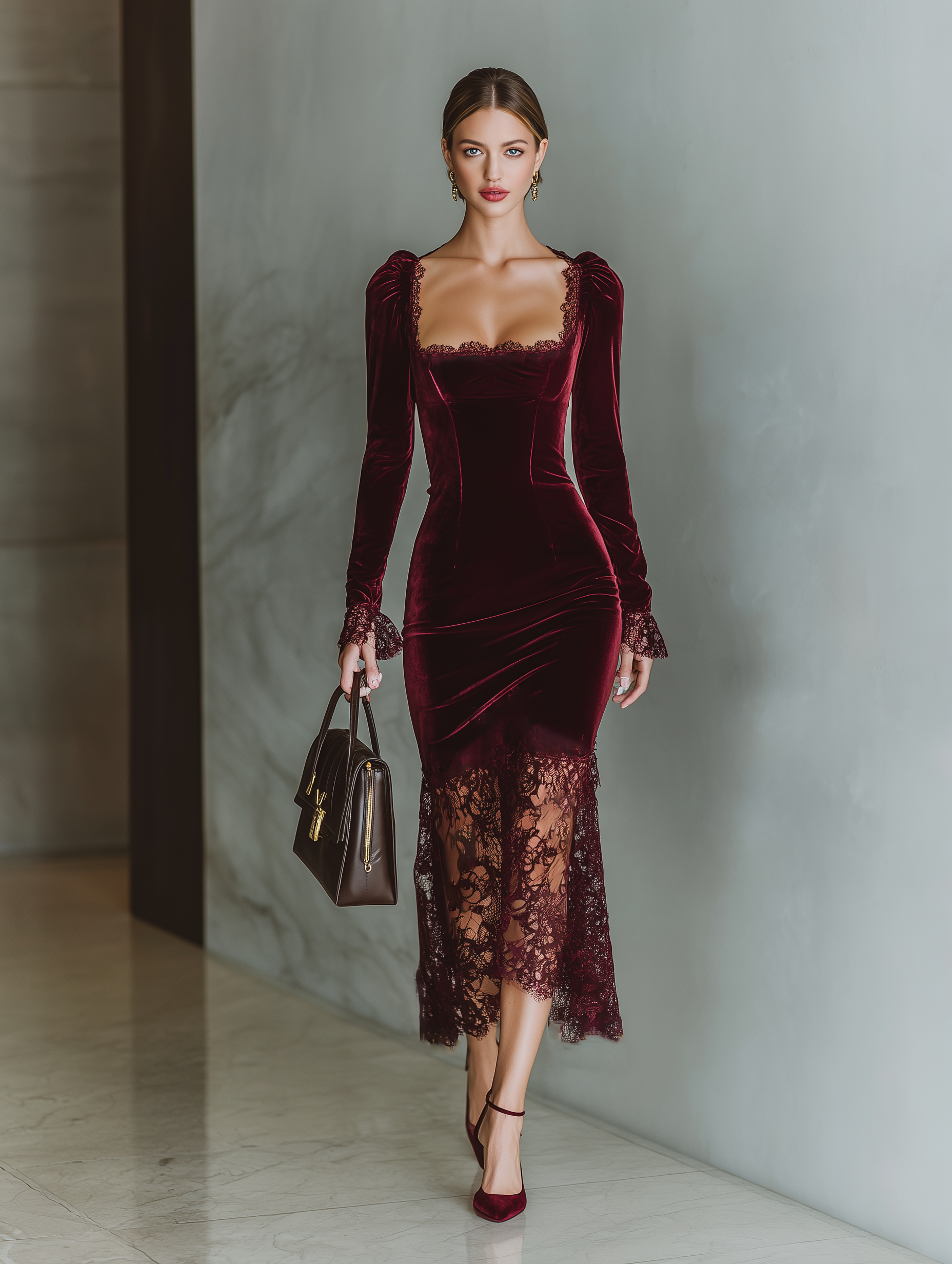 Mira | Dames Maxi Jurk - Bordeaux Fluweel