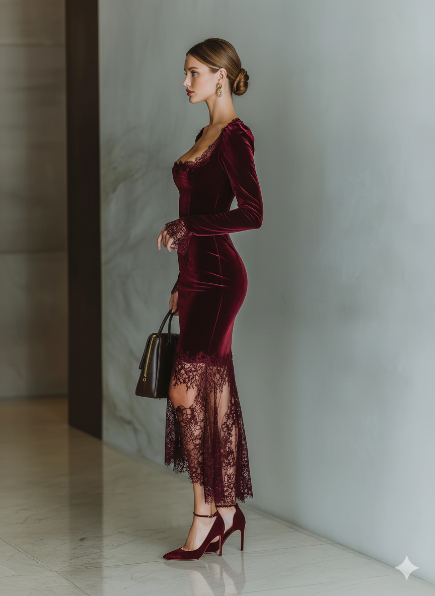 Mira | Dames Maxi Jurk - Bordeaux Fluweel