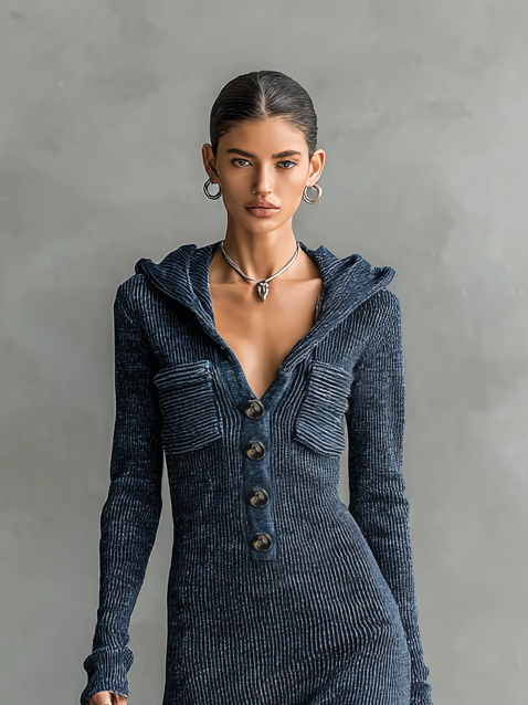 Mira | Dames Maxi Jurk - Gebreide Stof met Capuchon en Lange Mouwen