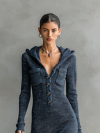 Mira | Dames Maxi Jurk - Gebreide Stof met Capuchon en Lange Mouwen