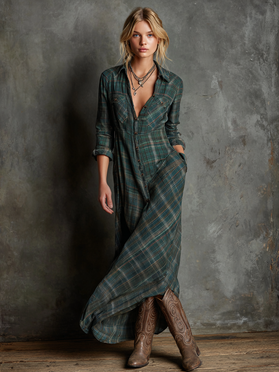 Mira | Dames Maxi Jurk - Geruite Katoen met Lange Mouwen, Casual Chic