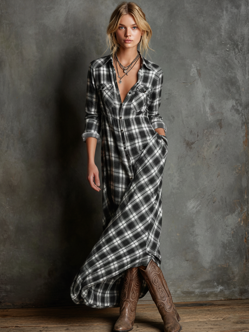 Mira | Dames Maxi Jurk - Geruite Katoen met Lange Mouwen, Casual Chic Zwart
