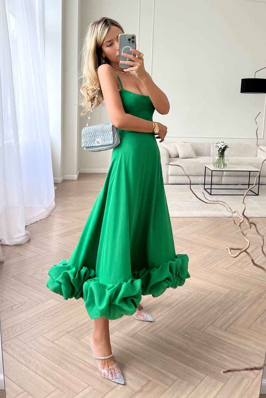 Mira | Dames Maxi Jurk - Spaghettibandjes, Ruches, Zomerstijl Groen