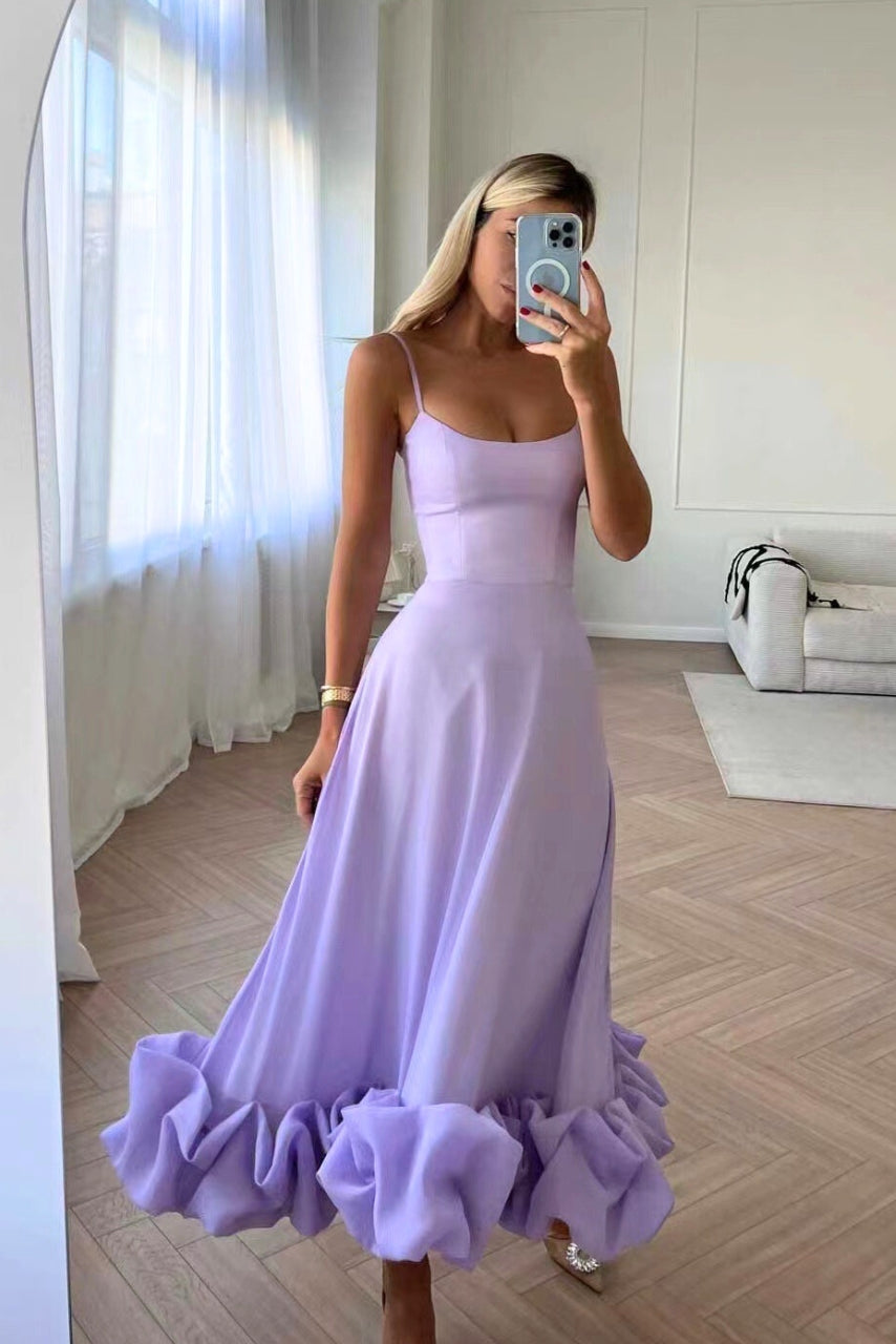 Mira | Dames Maxi Jurk - Spaghettibandjes, Ruches, Zomerstijl Paars