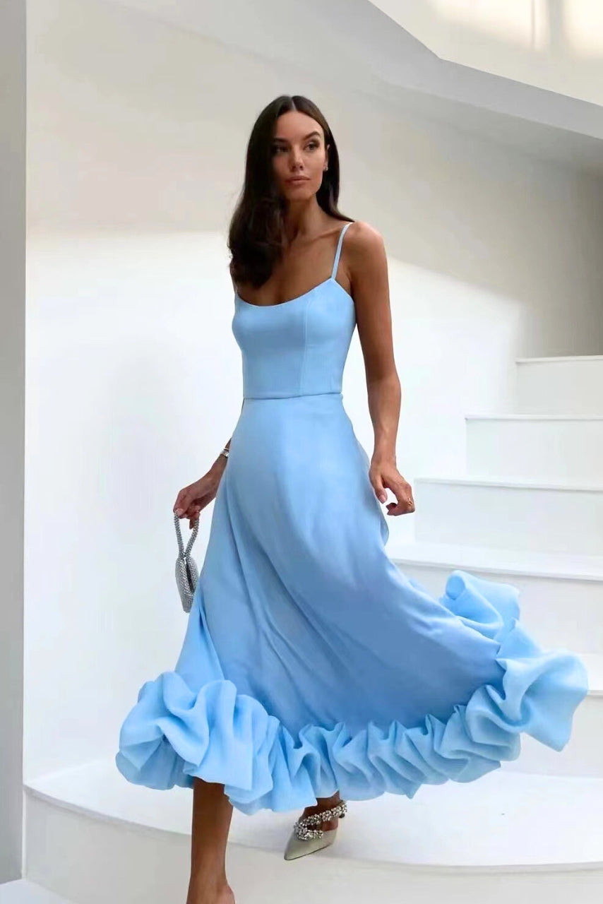 Mira | Dames Maxi Jurk - Spaghettibandjes, Ruches, Zomerstijl Blauw