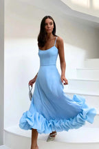 Mira | Dames Maxi Jurk - Spaghettibandjes, Ruches, Zomerstijl Blauw