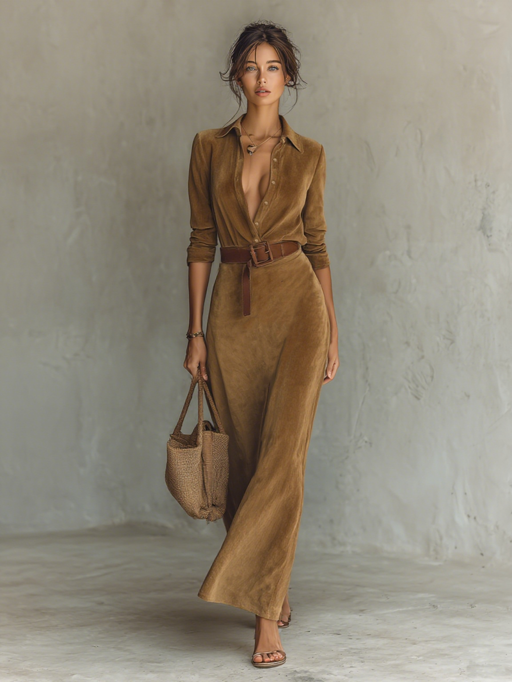 Mira | Dames Maxi Jurk - Zacht Suède, Elegante Reverskraag Lange Mouwen