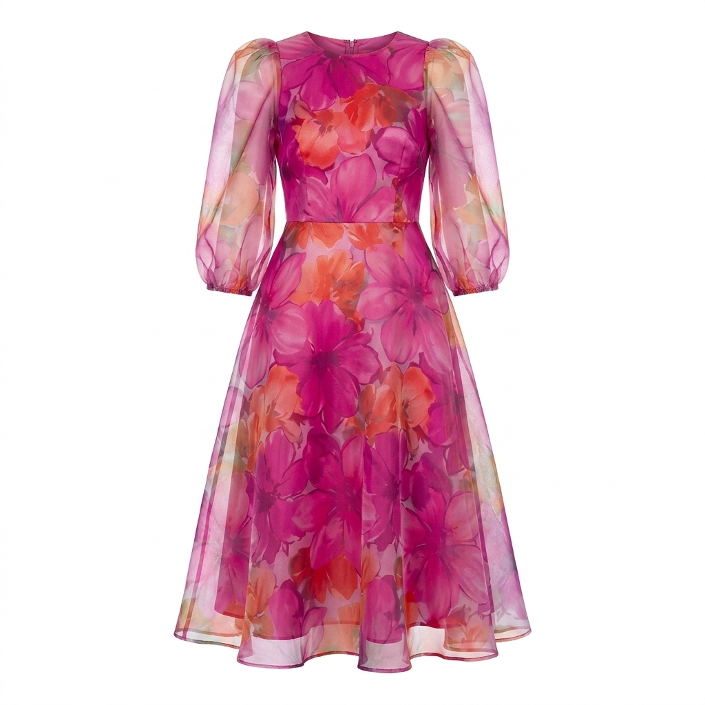 Mira | Dames Midi-jurk - Bloemenprint met Doorschijnende Mouwen