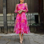 Mira | Dames Midi-jurk - Bloemenprint met Doorschijnende Mouwen Roze