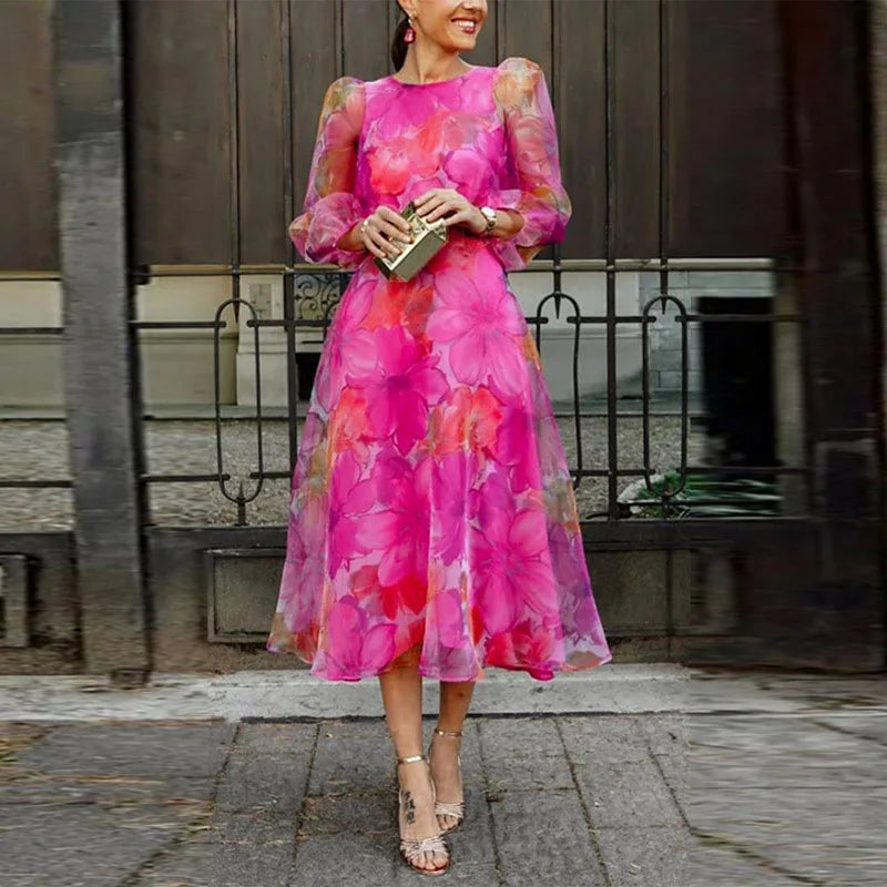 Mira | Dames Midi-jurk - Bloemenprint met Doorschijnende Mouwen Roze