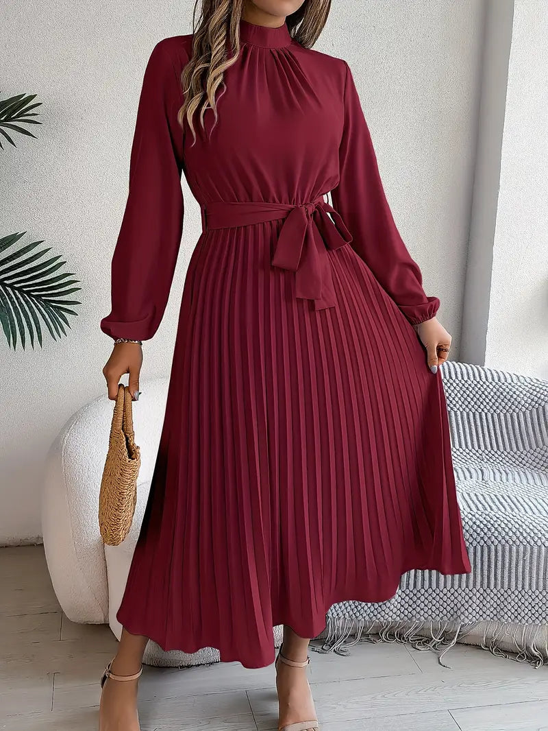 Mira | Dames Midi-jurk - Geplooide Taille, Lange Mouwen, Elegante Look Bordeaux