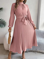 Mira | Dames Midi-jurk - Geplooide Taille, Lange Mouwen, Elegante Look Roze