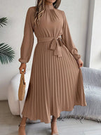 Mira | Dames Midi-jurk - Geplooide Taille, Lange Mouwen, Elegante Look Khaki