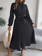 Mira | Dames Midi-jurk - Geplooide Taille, Lange Mouwen, Elegante Look Zwart