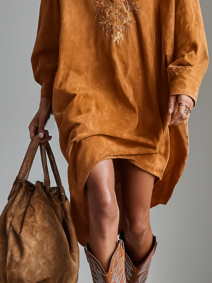 Mira | Dames Midi-jurk - Zacht Kunstsuède met Borduursels