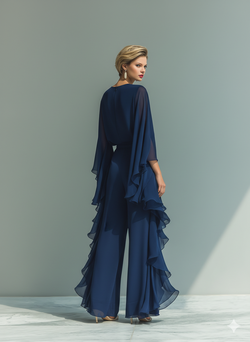 Mira | Dames Tweedelige Set - Chiffon Marineblauw met Ruches
