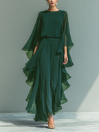 Mira | Dames Tweedelige Set - Chiffon Marineblauw met Ruches Groen