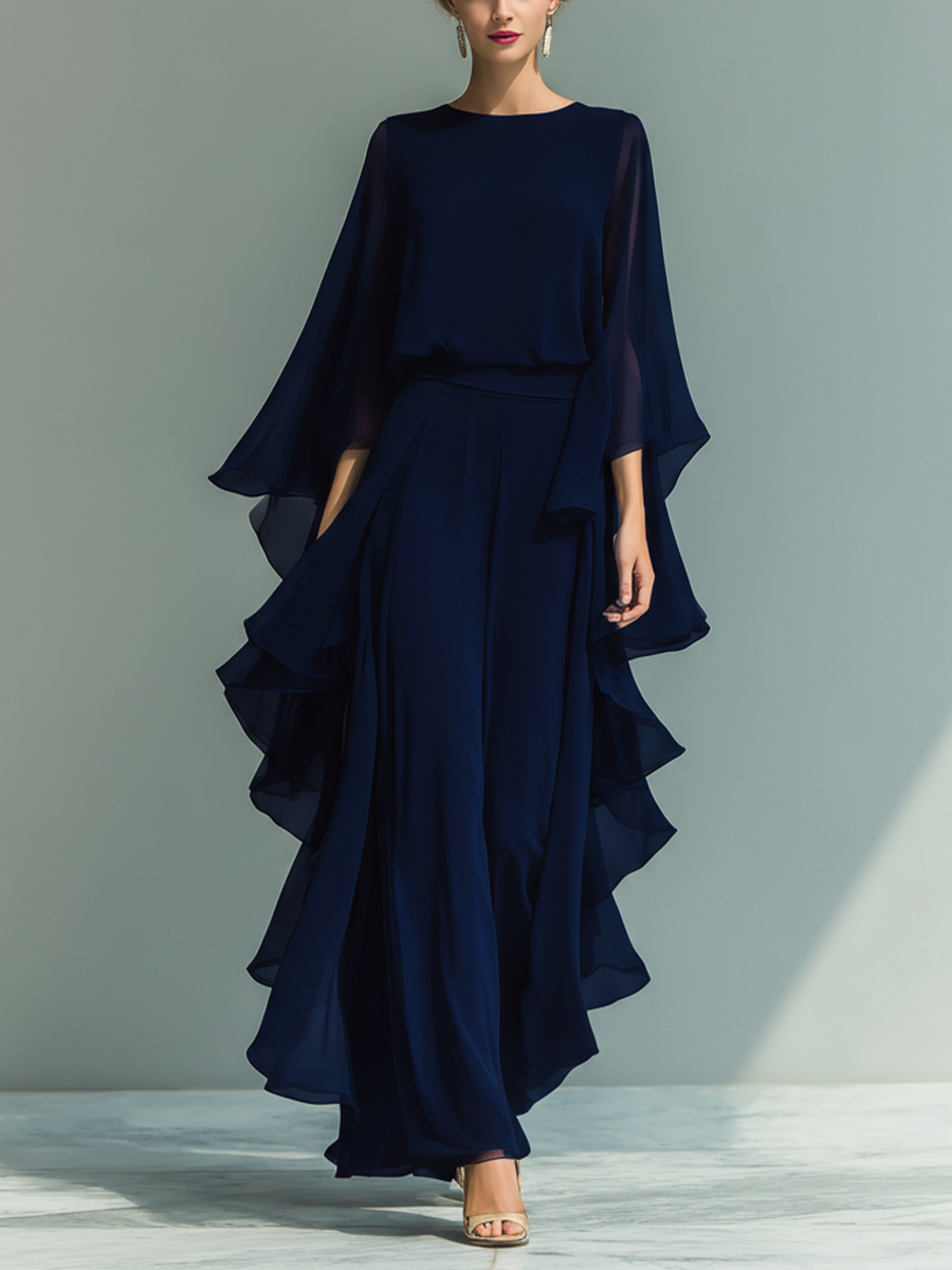 Mira | Dames Tweedelige Set - Chiffon Marineblauw met Ruches Donkerblauw