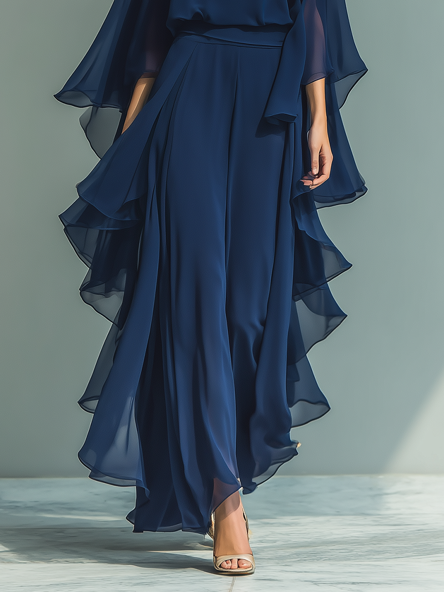 Mira | Dames Tweedelige Set - Chiffon Marineblauw met Ruches