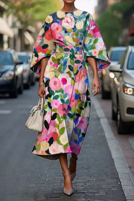 Mira | Damesjurk Zomer - Vloeiende Silhouet, Romantisch Bloemendesign Bloemig